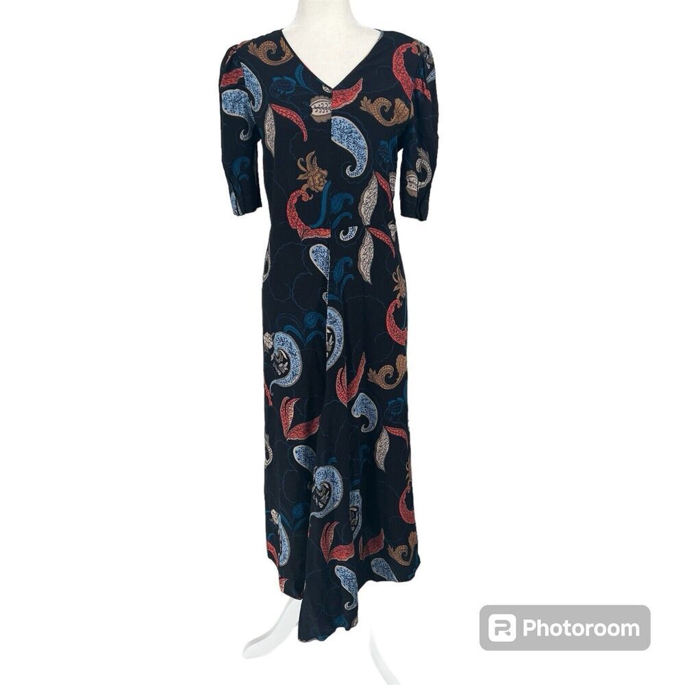 See by Chloe Puff-Shoulder‎ Paisley Midi Dress asymmetrical hem V-neck Sz34